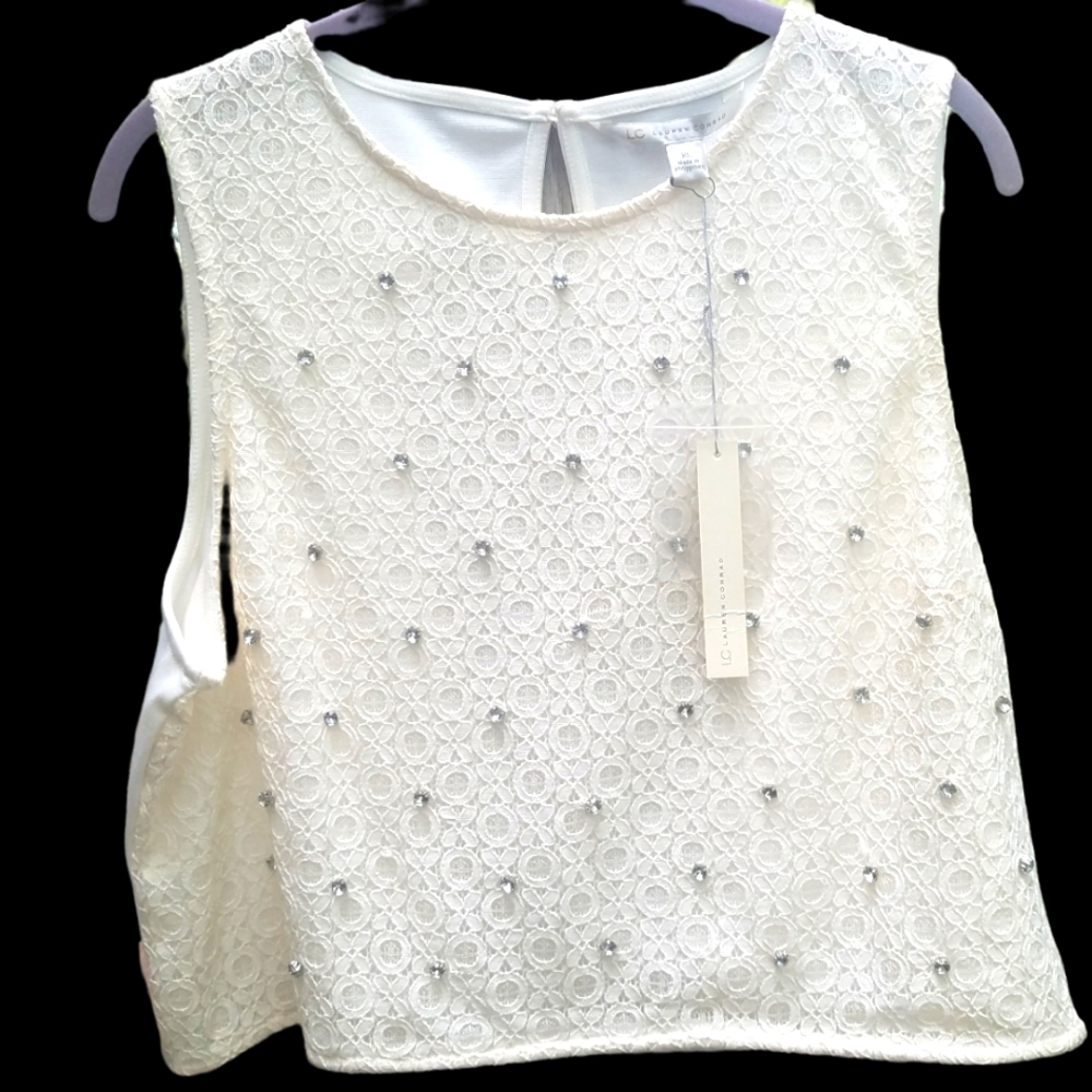 Lauren Conrad XL White Sleeveless Short Top with Rhinestones NWT